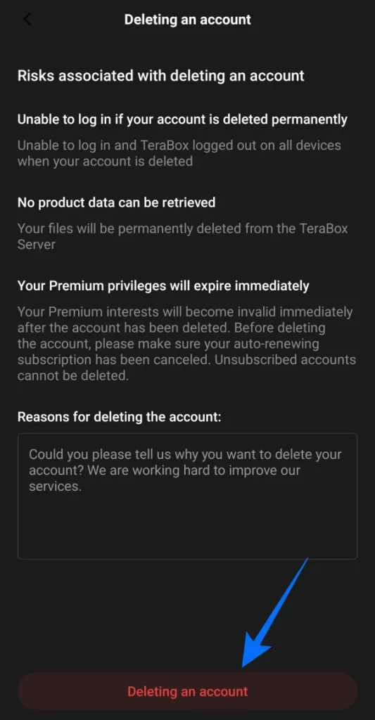 Confirming Terabox Account Deletion